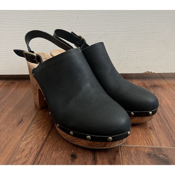 KORK-EASE Darby Black Leather Woodgrain Platform Slingback Clogs Shoes Sz 9M - Picture 3 of 13